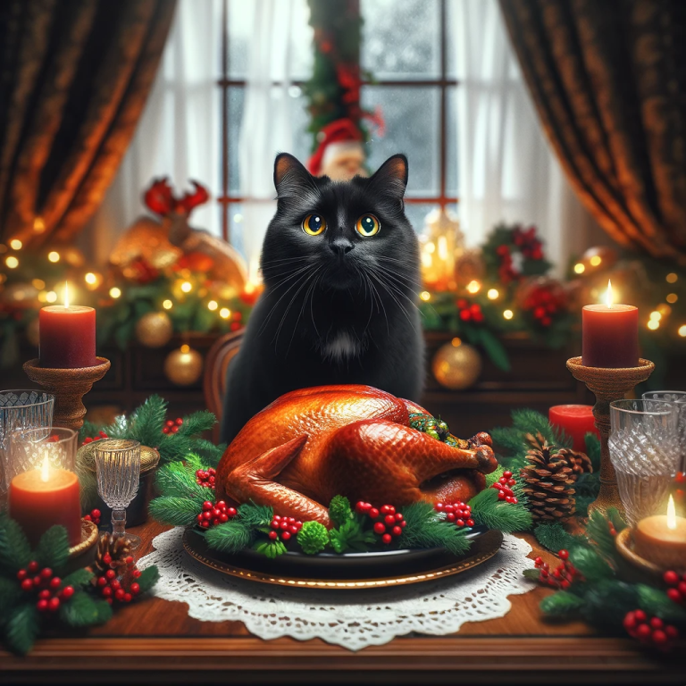 DALL·E 2023 12 27 15.55.50 A realistic black cat with striking yellow eyes standing on four legs atop a festively decorated Christmas table. The table is adorned with holiday d