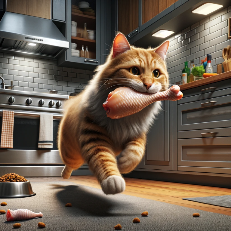 DALL·E 2024 01 23 14.59.19 A realistic image of a cat in a kitchen fleeing with a raw chicken leg in its mouth. The kitchen is modern with stainless steel appliances a wooden